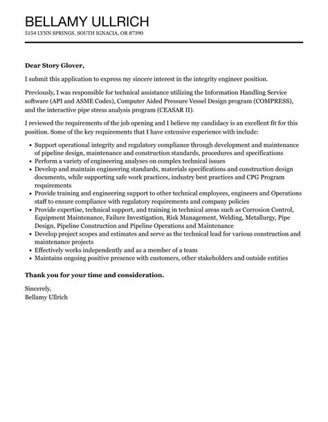 Integrity Engineer Cover Letter Velvet Jobs