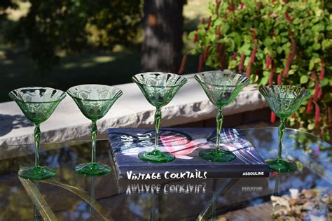 Vintage Green Etched Crystal Uranium Cocktail Glasses Fostoria