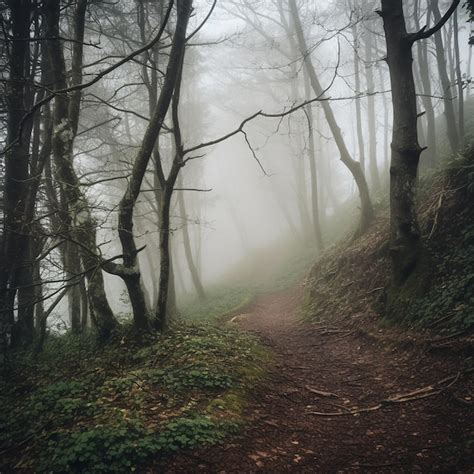 Un camino en el bosque con niebla y árboles Foto Premium