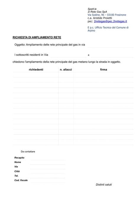 Modulo Richiesta Allaccio Alla Rete Di Gas Metano Comune Di Arpino