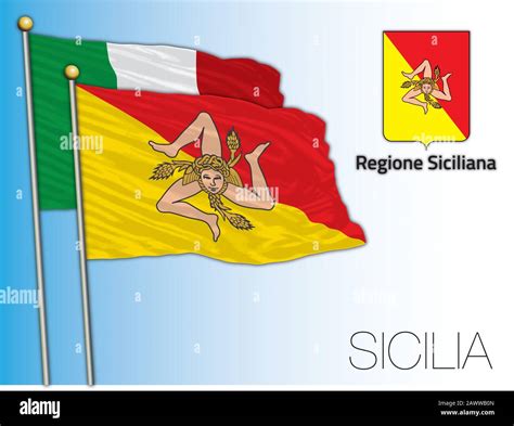 Sicily Or Sicilia Official Regional Flag And Coat Of Arms Italy