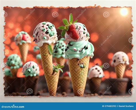 An Isolated Ice Cream Cone Strawberry And Mint Chocolate Chip