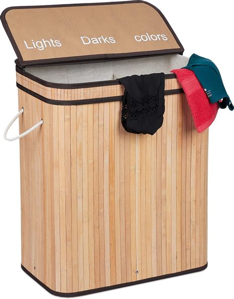 Relaxdays Panier Linge Couvercle Compartiments Corbeille Bambou