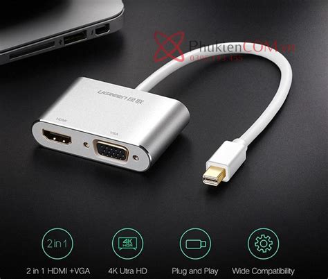 Cáp Thunderbolt To HDMI VGA Ugreen 20421 Vỏ Nhôm Trắng Hỗ Trợ 4K