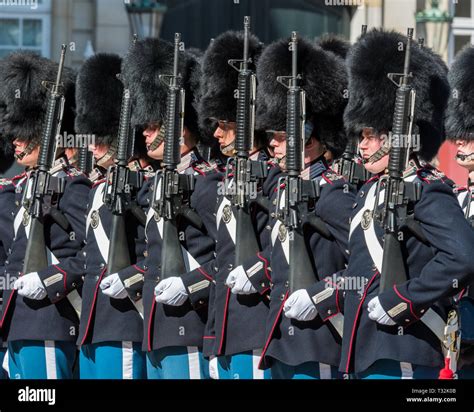 Las Tropas De La Vida Real Danesa Guardias En Sus Uniformes Azules