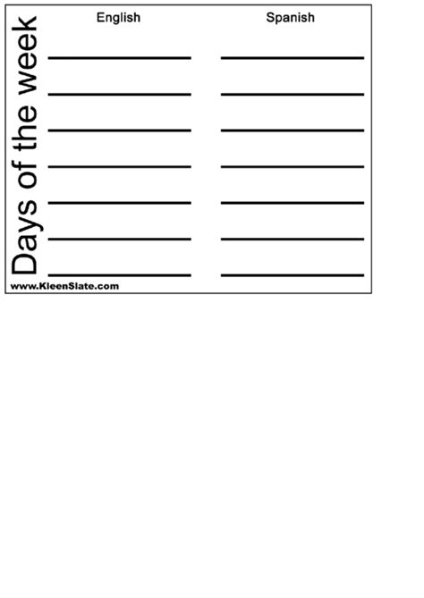 English-Spanish Worksheet - Days Of The Week printable pdf download