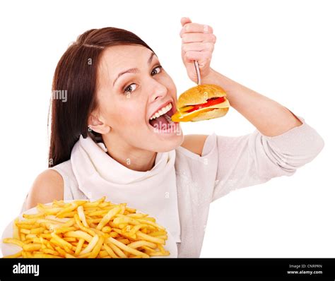 Woman Eating Fast Food Isolated Stock Photo Alamy