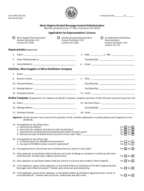 Fillable Online Abca Wv Instructions For Representative S License