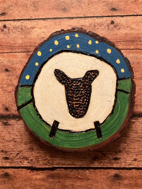 Wood Burned And Hand Painted Sheep Magnet Or Ornament Wood Slice