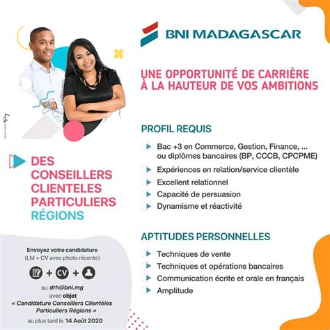 BNI Madagascar recrute des conseillers clientèles particuliers JobRapide