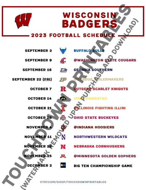 Wisconsin Badgers Football 2023 Printable Schedule BIG 10 - Etsy