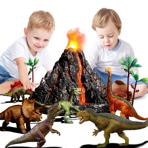 Temi Large Volcano Toy Set With 9 Realistic Dinosaur Action Figures For