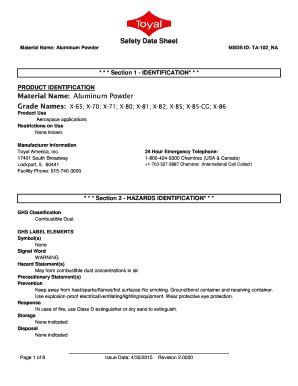 Fillable Online Safety Data Sheet Material Name Aluminum Powder Msds