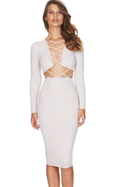 Sexy Bandage Bodycon Dress Women Hollow Out Long Sleeve Deep V Neck Low