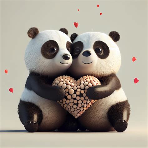 Casal de urso panda fofo apaixonado por corações 3d render ilustração