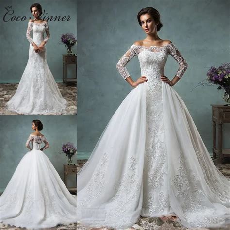 C V Vintage Mermaid Wedding Dress 2019 Detachable Train Long Sleeve