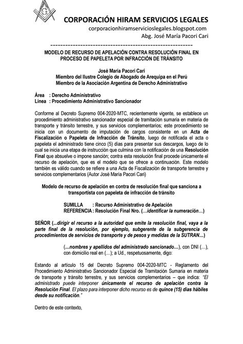 Modelo De Recurso De Apelaci N Contra La Resoluci N Final En Un Proceso