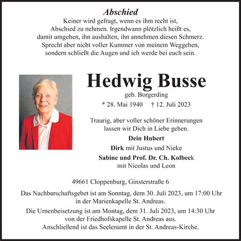 Traueranzeigen Von Hedwig Busse Om Trauer De