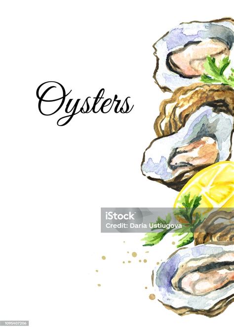 Oyster With Lemon Seafood Card Template Watercolor Hand Drawn Illustration Isolated On White