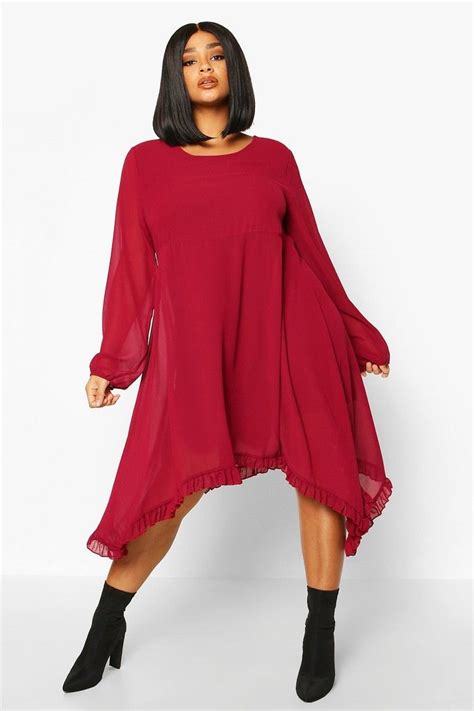 Boohoo Plus Ruffle Dip Hem Long Sleeve Smock Dress Long Sleeve Smock Dress Smock Dress Dip Hem