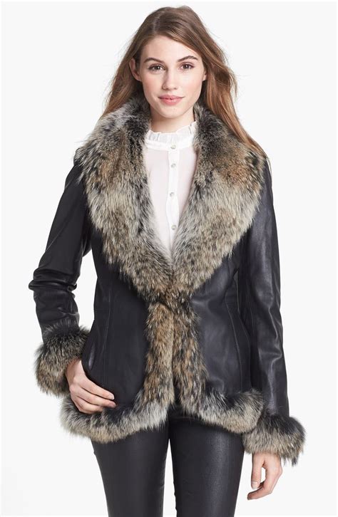 Chosen Furs Genuine Coyote Fur Trim Leather Coat | Nordstrom