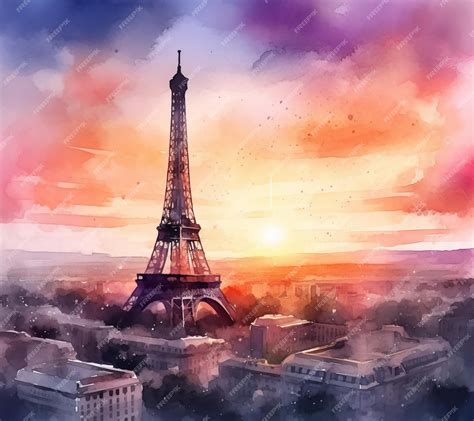 Premium AI Image | A painting of a sunset with the eiffel tower in the ...