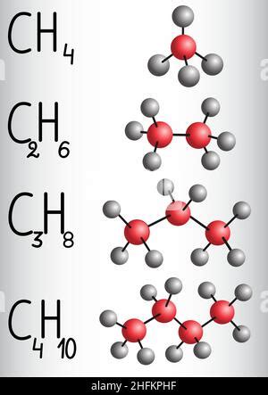 Fórmula química del metano Modelo 3D de la molécula CH4 Ilustración