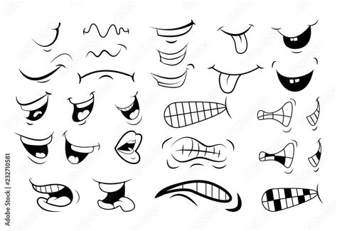 outline Cartoon Mouth Set . Tongue, Smile, Teeth. Expressive Emotions ...