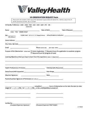 Fillable Online VH OBSERVATION REQUEST Form Valley Health Fax Email