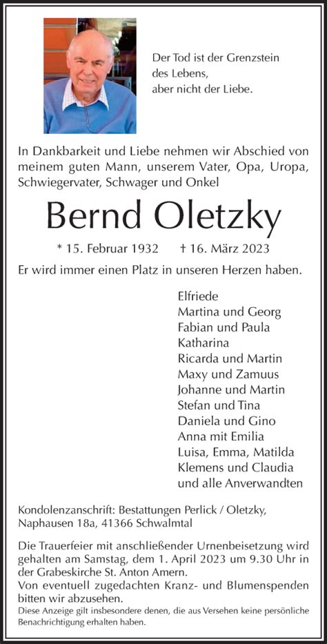 Alle Traueranzeigen für Bernd Oletzky trauer rp online de