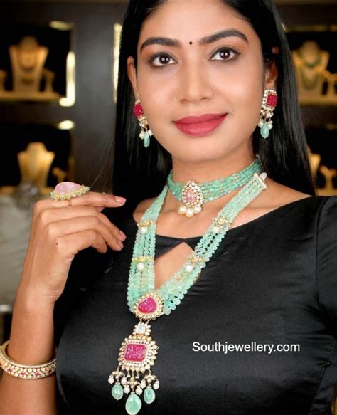 Emerald Beads Choker And Long Haram Indian Jewellery Designs