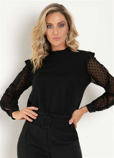 Blusa Preta Mangas Longas Em Tule Quintess