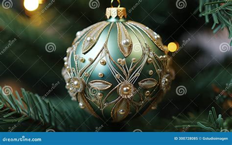 Shiny Gold Ornament Hanging On Christmas Tree Generated By Ai Stock