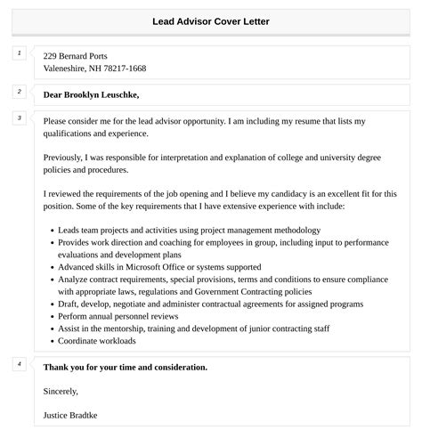 Lead Advisor Cover Letter Velvet Jobs