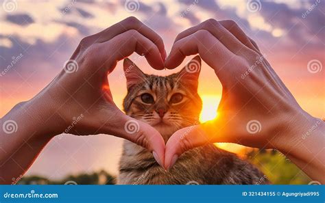 The Face Of Cat In A Frame With A Heart Made Of Fingers Stock