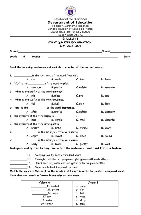 English 5 Q1 Exam 1st Periodical Exam Republic Of The Philippines