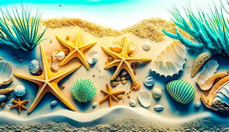 Beach Scene With Starfish Seashells And Seashells Generative Ai