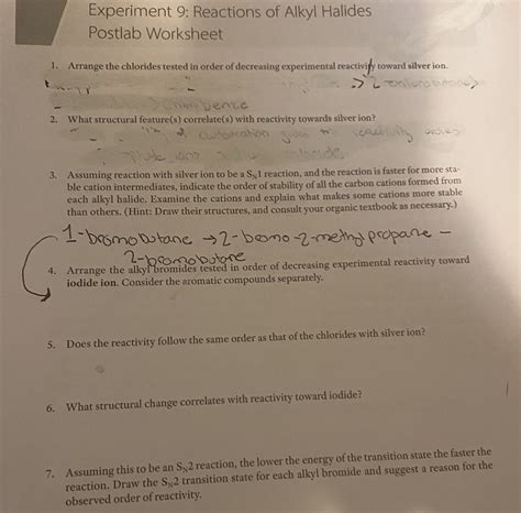 Experiment 9 Reactions Of Alkyl Halides Postlab Worksheet