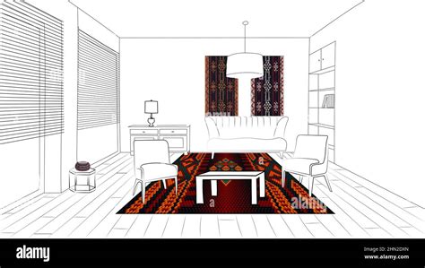 Graphic drawing of the interior in the style of minimalism. With the ...