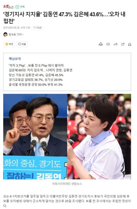 경기지사 지지율 김동연 473 김은혜 436오차 내 접전 정치시사 에펨코리아