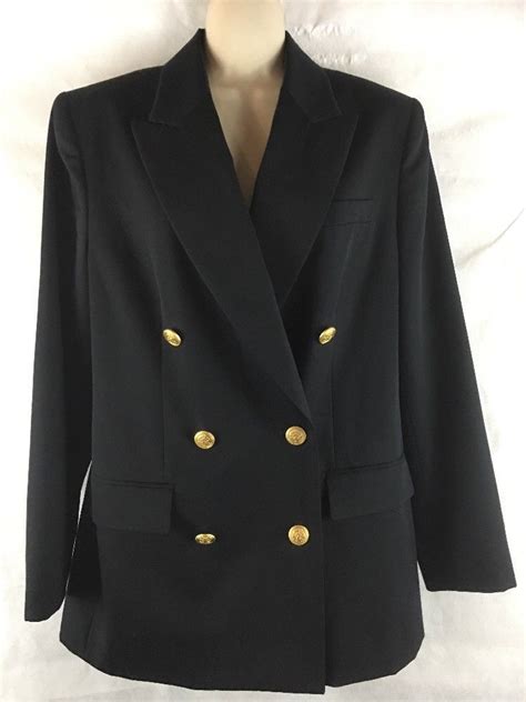 Talbots Womens 8 Black 100 Wool Double Breasted Gold Button Blazer Suit Jacket Blazer