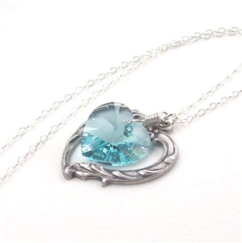 Light Teal Necklace, Victorian Heart Necklace, Blue Heart, Crystal ...