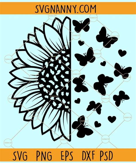 Half Sunflower With Butterflies Svg Sunflower Butterfly Svg Sunflower