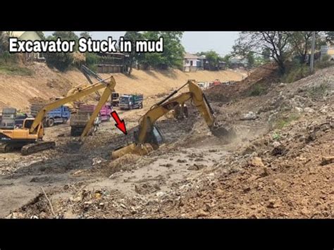 Incredible Caterpillar D Excavator Stuck In Mud In Canal Dump Truck