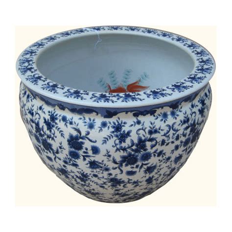 Blue And White Porcelain Fish Bowl Planter With Floral Design In 12