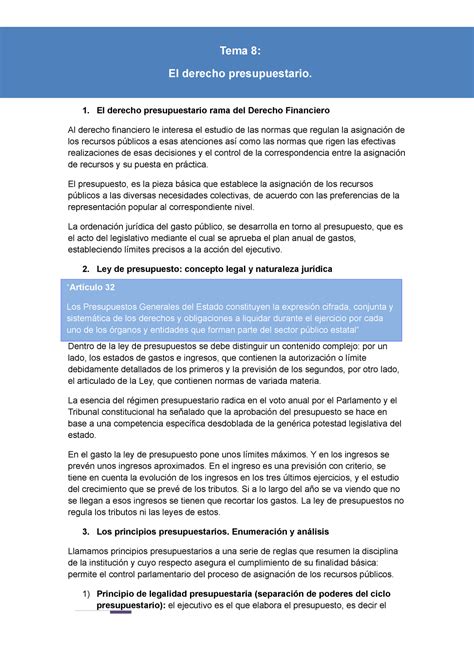 Tema 8 Apuntes 8 El Derecho Presupuestario Rama Del Derecho