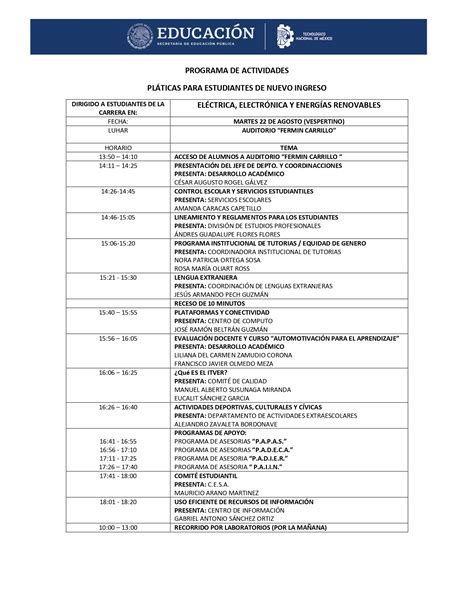 Programa De Actividades Curso De Inducci N