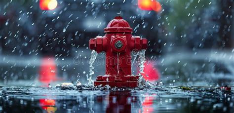 Red Fire Hydrant Leaking Water In The Rain With Fallen Leaves Stock