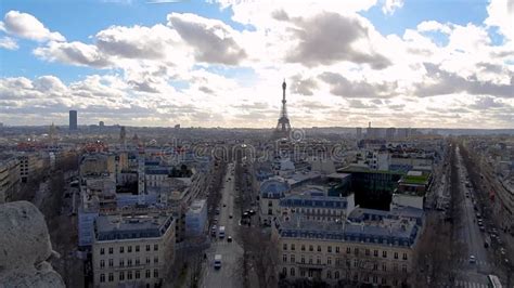 Skyline With Eiffel Tower And Bright Sky At Sunset Moving Traffic On