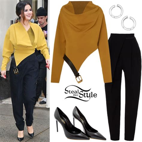 Selena Gomez Mustard Blouse Black Pants Steal Her Style